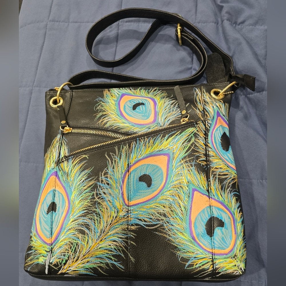 Hand Painted Black Leather Cross Body Bag.